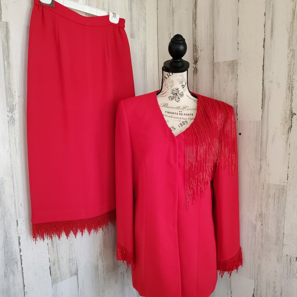 VINTAGE CARAMIA 2 PIECE BEADED FRINGE SKIRT SET SUIT